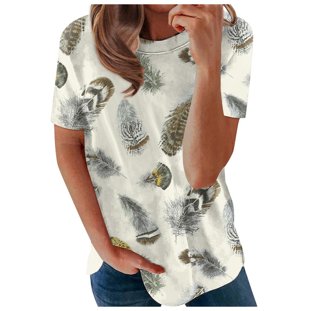Women's Summer Feather Print Short Sleeve Round Neck Pullover T-shirt Top