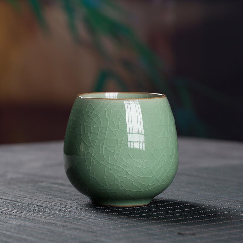 Longquan Celadon Ceramic Tea Cup - Handleless, Engravable, with Ice Crack Design for Home or Office Use