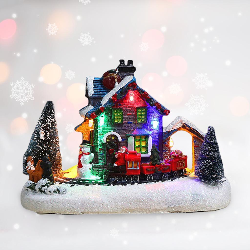 Christmas LED Lighted Village Houses with Figurines Light Up Christmas Snow Village Decor Battery Operate Christmas Ornamnet Holiday Gift Home Party