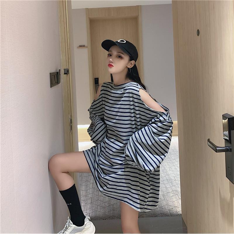 Plus Size Striped Long Sleeve Off Shoulder T-Shirts Women Summer Loose Tops Oversized Baggy Autumn Tshirts