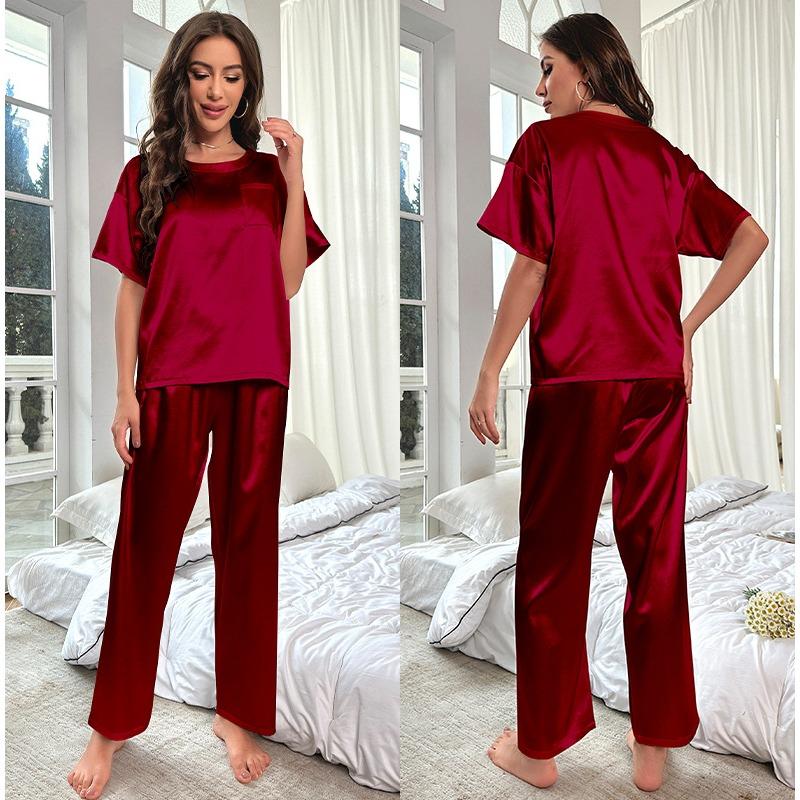 Damen-Schlafanzug-Set in Übergröße, Eisseide, kurzärmelig, für den Sommer, Homewear, lockerer, lässiger Schlafanzug