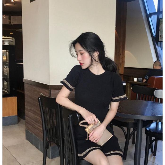 Korean Chic Contrast Color Fringe Dress - Women s Slim-Fit Waist-Cinched Summer Skirt M чёрный