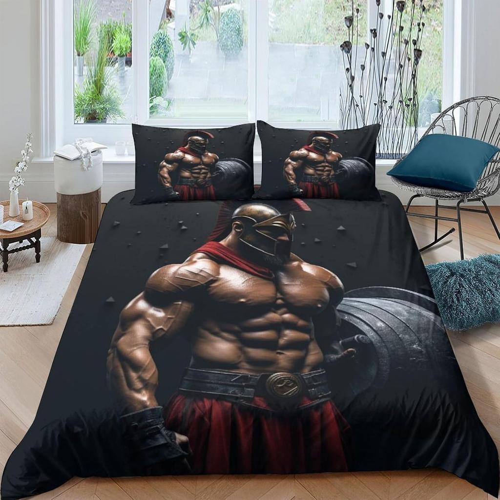 Spartan Man Duvet Cover Quilt Cover 3D Printed Gladiator For Boys Girls With Pillowcases,Microfiber Bedding Set 2 Pieces Single