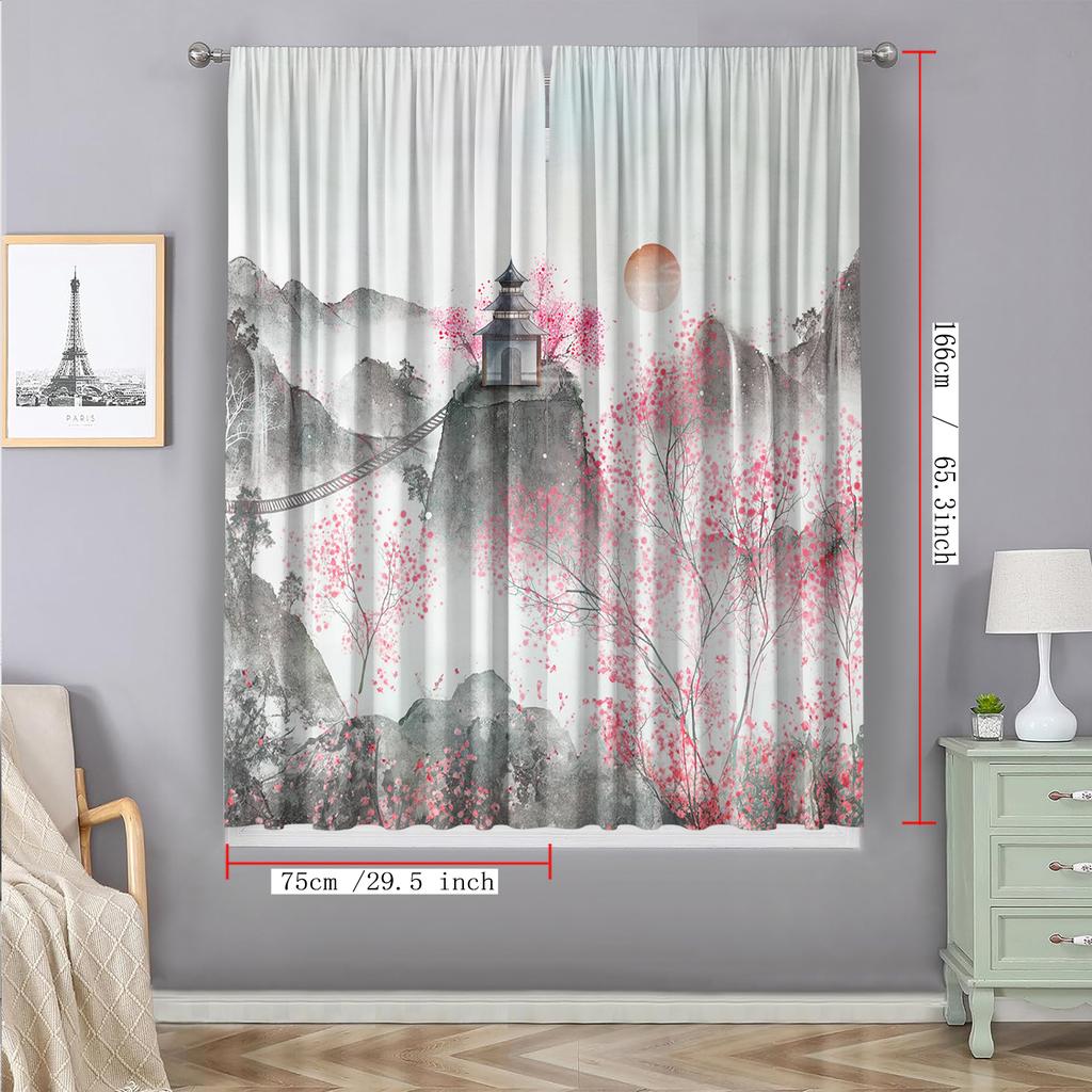 2Pc Home Decoration Curtains, Sunset Flowers With Pole Bag Curtains, Kitchen, Coffee Shop, Living Room, Balcony, Garden