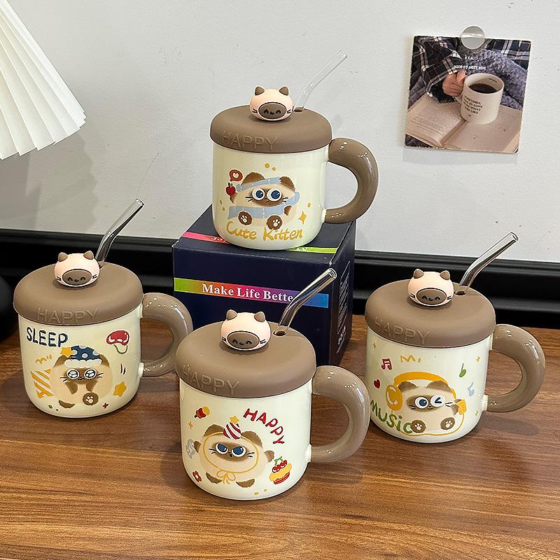 Cute Siamese Cat Ceramic Cup with Lid Girls Good-looking Drinking Water Cup Couple Ceramic Coffee Cup Birthday Gift