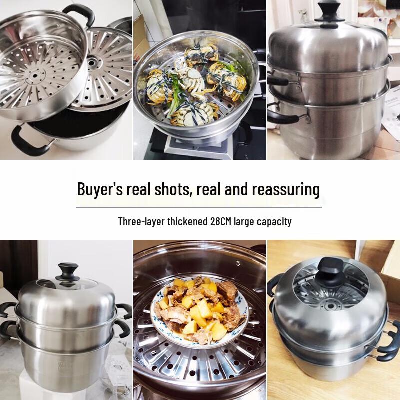 Joyoung 3-Tier Stainless Steel Steamer Pot with High Arched Lid, 28cm