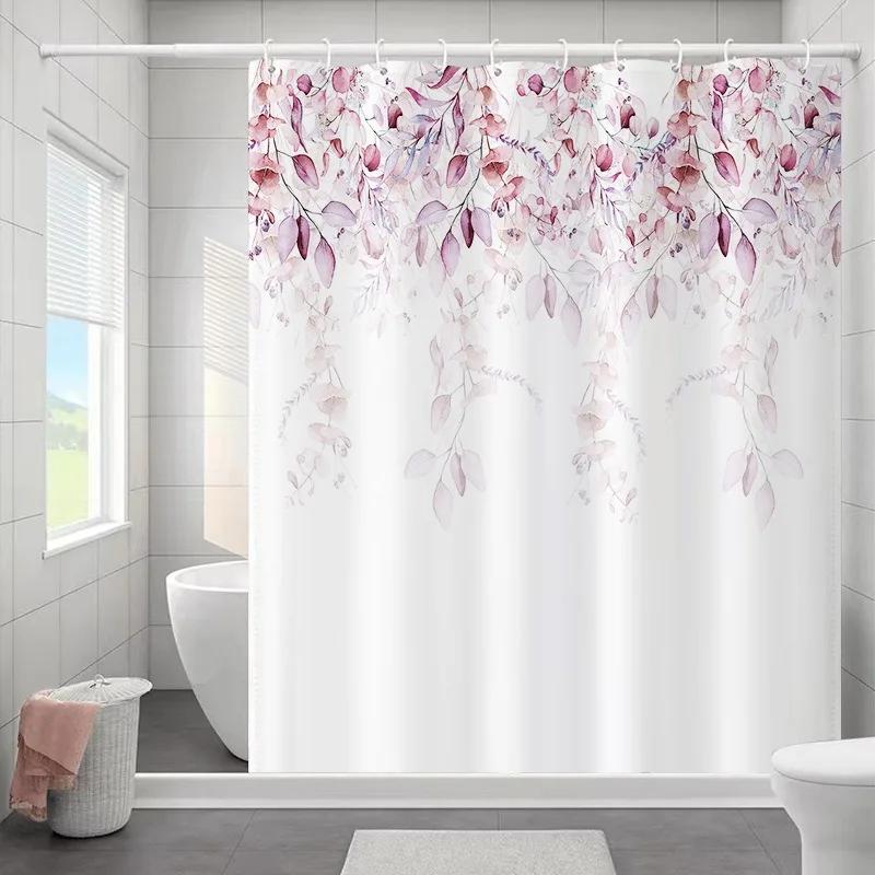 1PC Botanical Flower and Leaf Watercolor Pattern Waterproofing Bathroom Decoration Shower Curtain with Hooks Minimalist Design