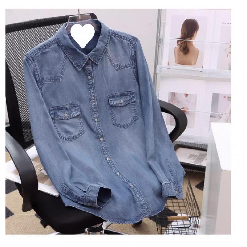 

Женская джинсовая рубашка из тенселя с длинным рукавом - Весна 2025 Свободный крой Корейский стиль куртки Small