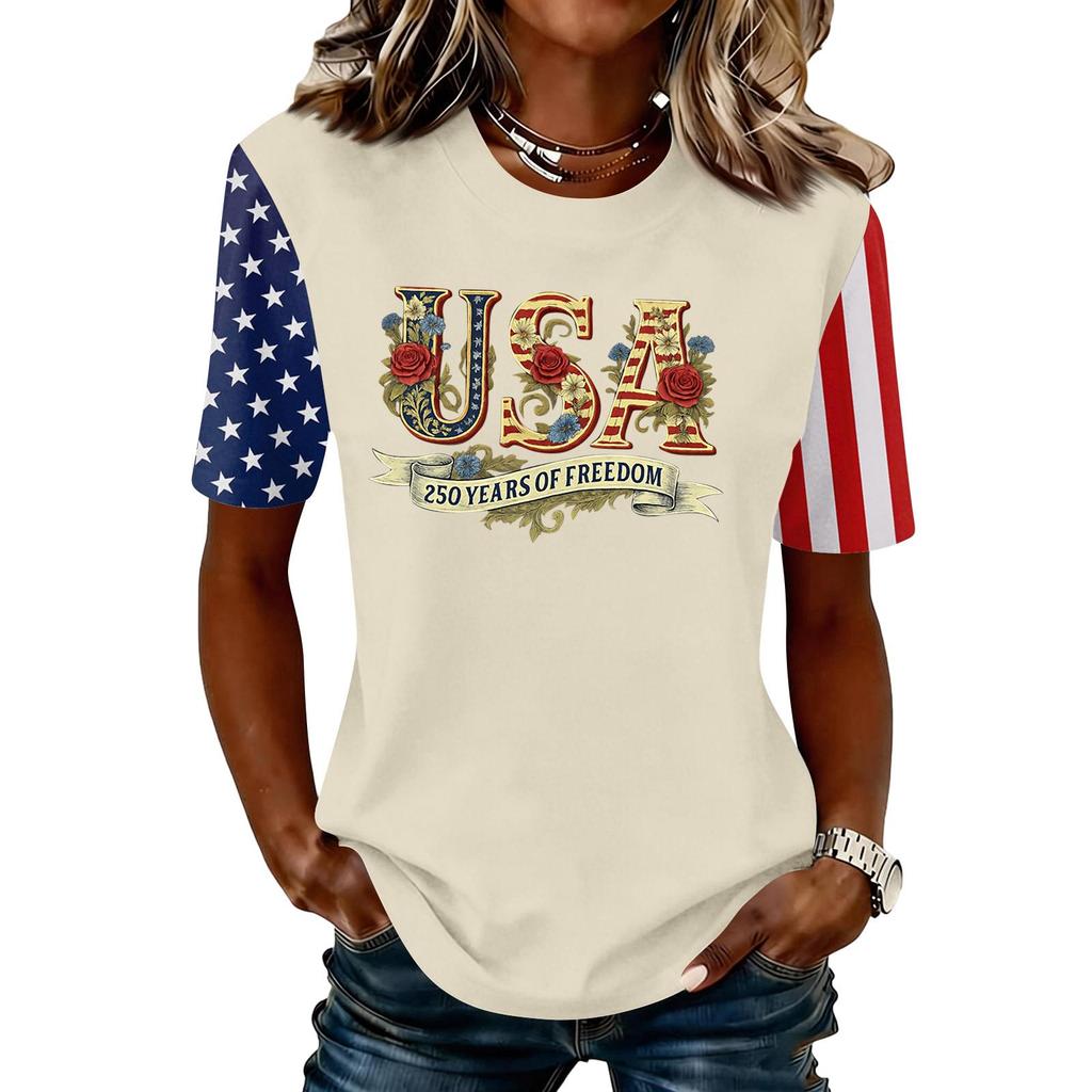 Women's Fashionable Casual Short Sleeve Print Round Neck Pullover Top