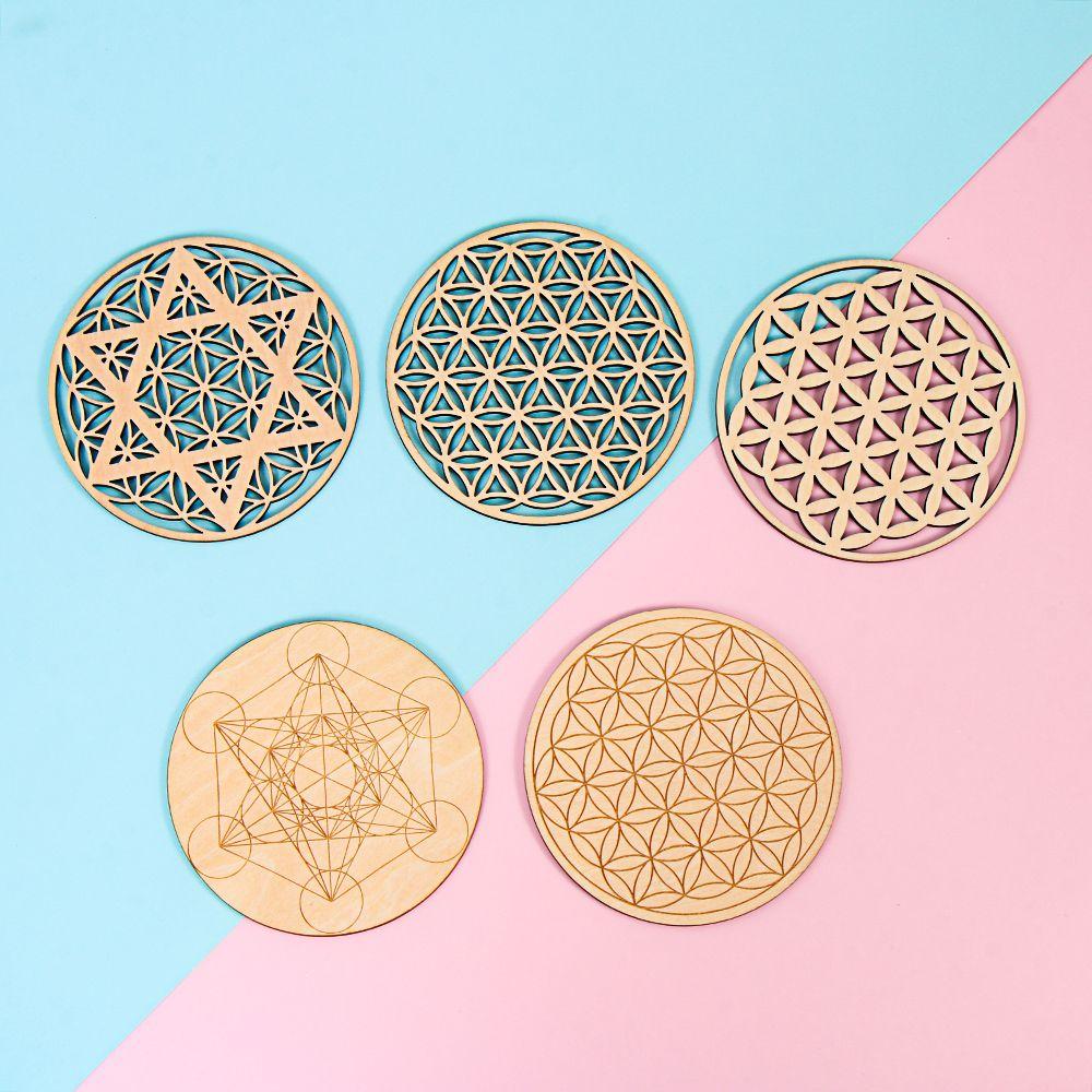 Collectibles Flower of life Arts And Crafts Wood Chakra Pattern Coaster Circles Carved Round Edge