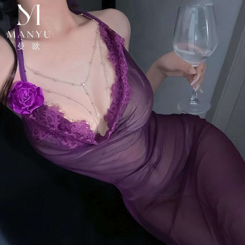 Man Want Sex Underwear Perspective Hollow Lace Mesh Pile Pleated Tight Suspender Rose Hip Wrap Long Dress 9449