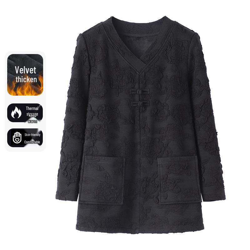 Plus Size Jacquard Frog Button T-shirt - Autumn/Winter Chinese Style for Middle-Aged Women