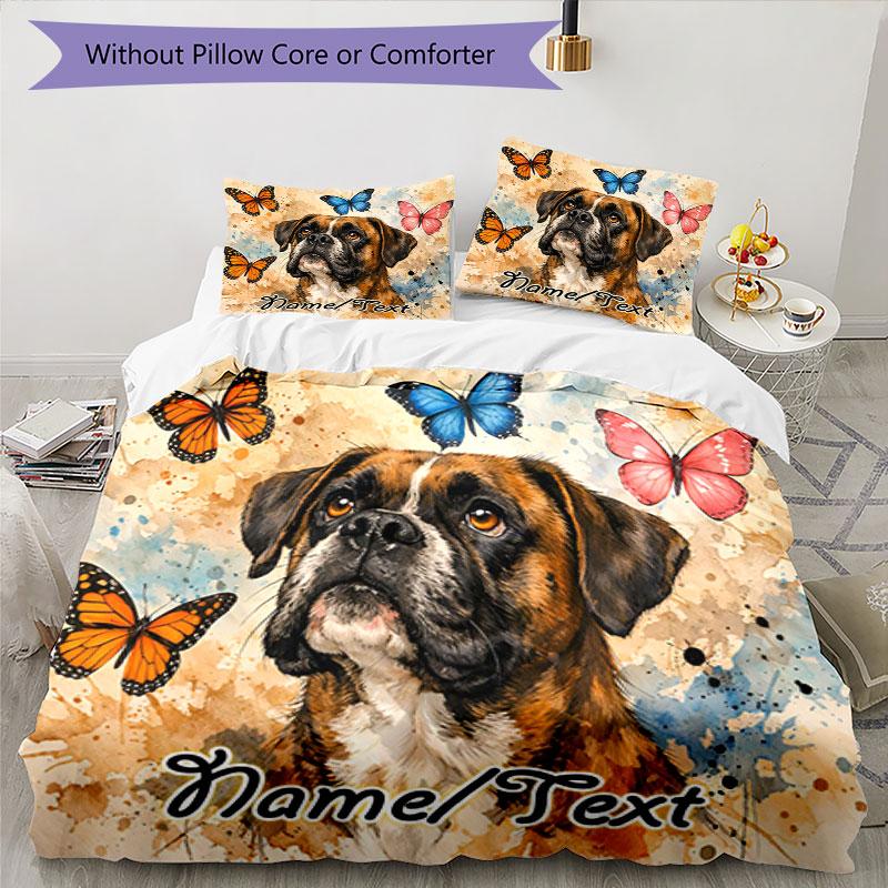 3PC Custom Name Butterfly Boxer Dog Art Bedding Set Printed Bedding Set Duvet Cover Closure Includes 1 Duvet Cover & 333 Pillowcases for Bedroom