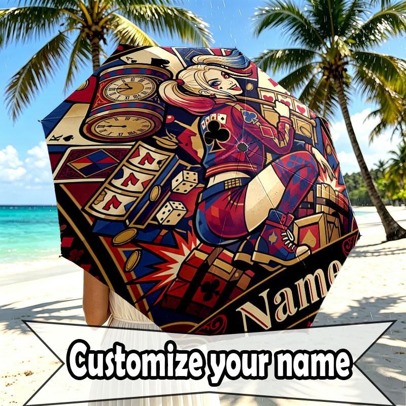 Custom Name Personalized Harley Quinn Print Umbrella, Auto Open Close, 8‑Rib Sturdy Frame, Commute Camping Hiking Use, Birthday Gift