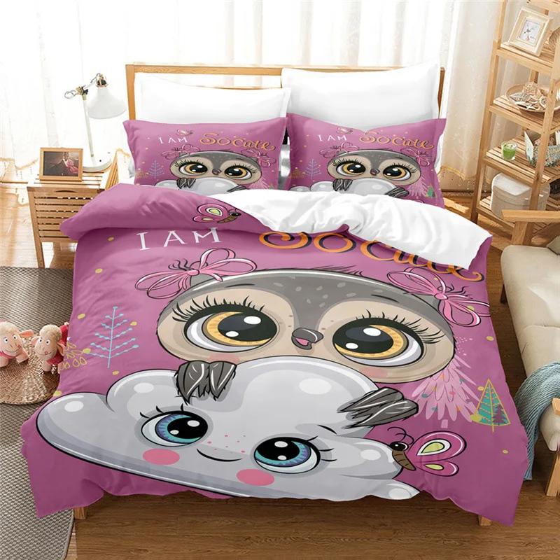 Kawaii Cartoon Owl Duvet Cover Set Full Queen King Size Owl Bedding Set for Girls Boys Brown Owl Cartoon Animal Comforter Cover