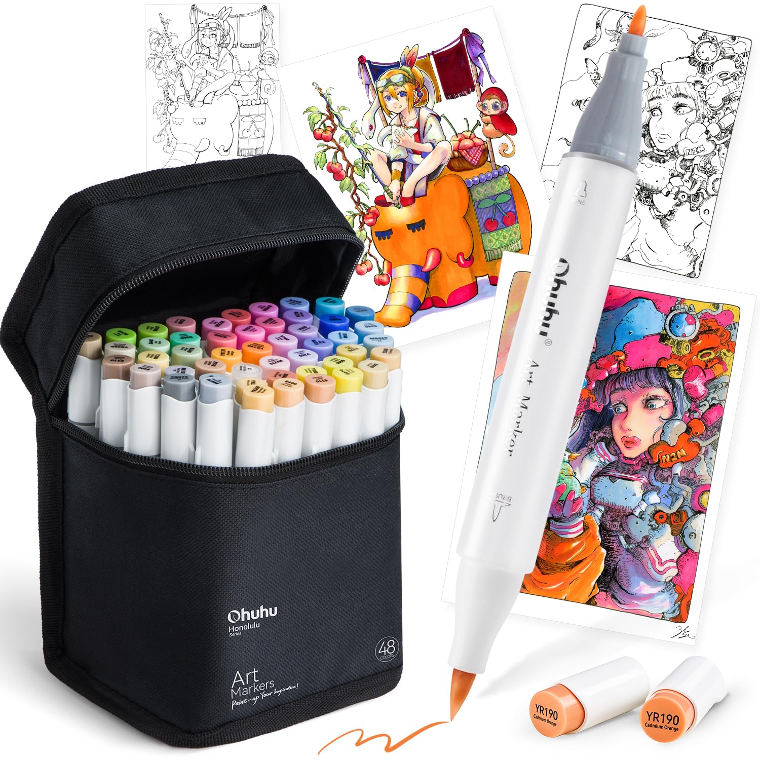 

Ohuhu Marker Pens, Brush Type, 48 Colors (49 Pens), Professional Grade, Medium Colors, Fine Tip, Alcohol-Based, Includes 1 Blender Pen, Honolulu B Ser