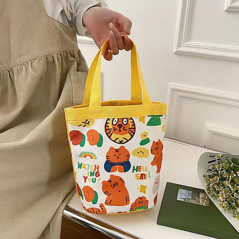 Geantă Găleată Graffiti cu Model Animal Drăguț Portabilă Geantă Cilindrică cu Inscripție Ins Geantă Canvas pentru Bento Geantă de Mână pentru Cutia de Prânz