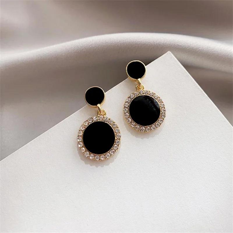 Crystal Round Black Drop Earrings for Women Double-layers Oil Dangle Earrings Bohemian Elegant Wedding Jewelry Hanging Earrings