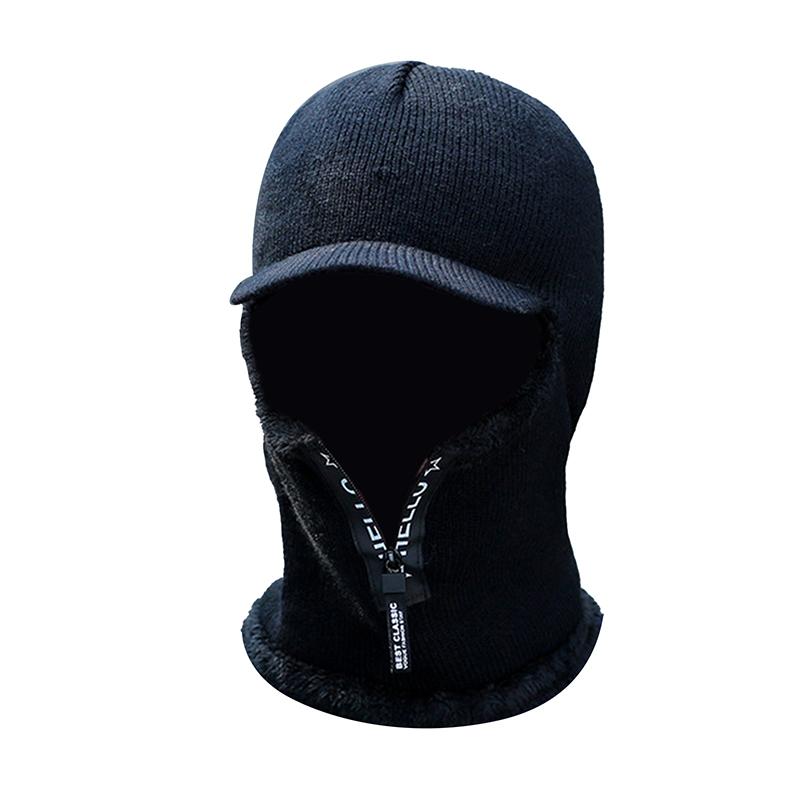 Men Knitted Woolen Hats Winter Zipper Thickened Plush One Piece Hat Collar Set Cap Outdoor Cycling Neck Protection For Male