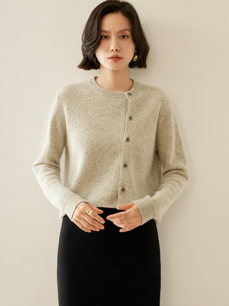 2025 Autumn/Winter Women's Thickened Cashmere Cardigan - Round Neck, Speckled Yarn, Slanted Buttons, Long Sleeve Wool Knit Sweater Coat
