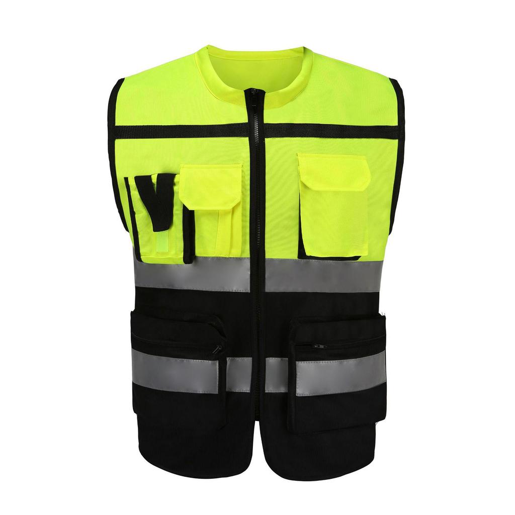 High-Visibility Multi-Pocket Reflective Vest - Color Block, Stand-Up Collar for Traffic Safety
