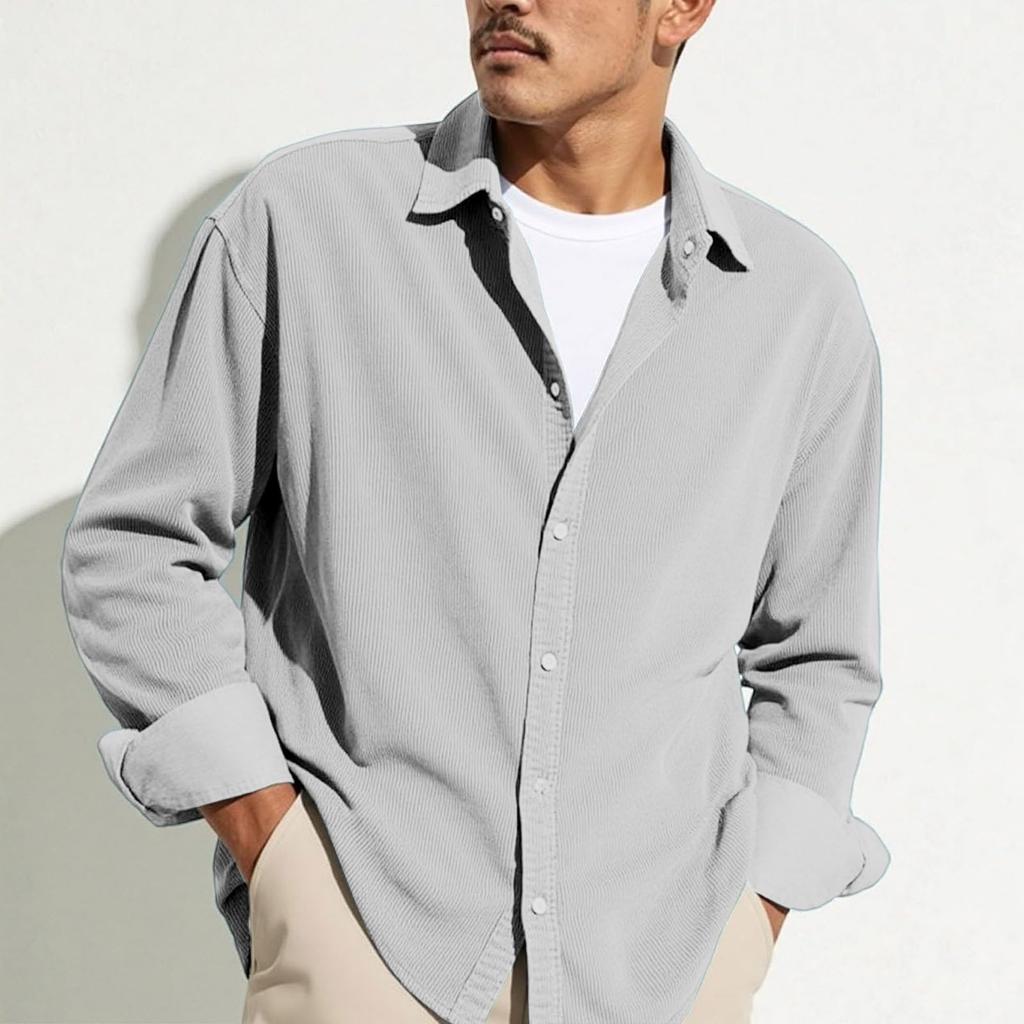 Men's Casual -color Lightweight Breathable Corduroy Button-down Shirt - Men's Stylish Loose-fitting Long-sleeved Shirt