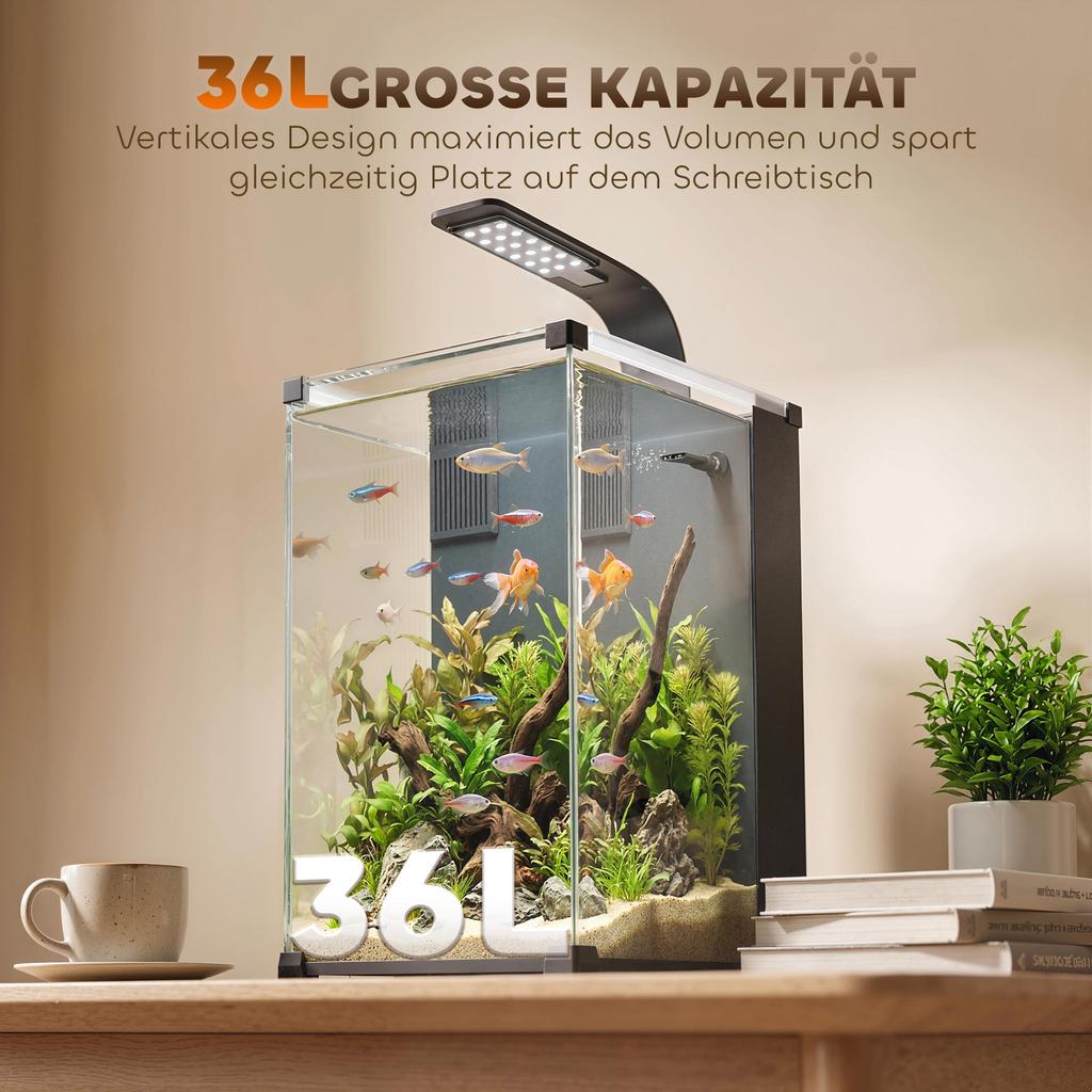 Aquarium Complete Set 36L Nano Aquarium with LED Lighting Filter System Pump Circulation 30 x 30 x 45.5 cm Black