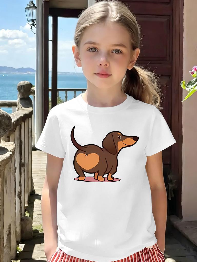 Cute Heart Butt Dachshund Cartoon Print KidsT Shirt Boys Girls Cotton Short Sleeve Parent Child Matching Summer Casual Basic Tee
