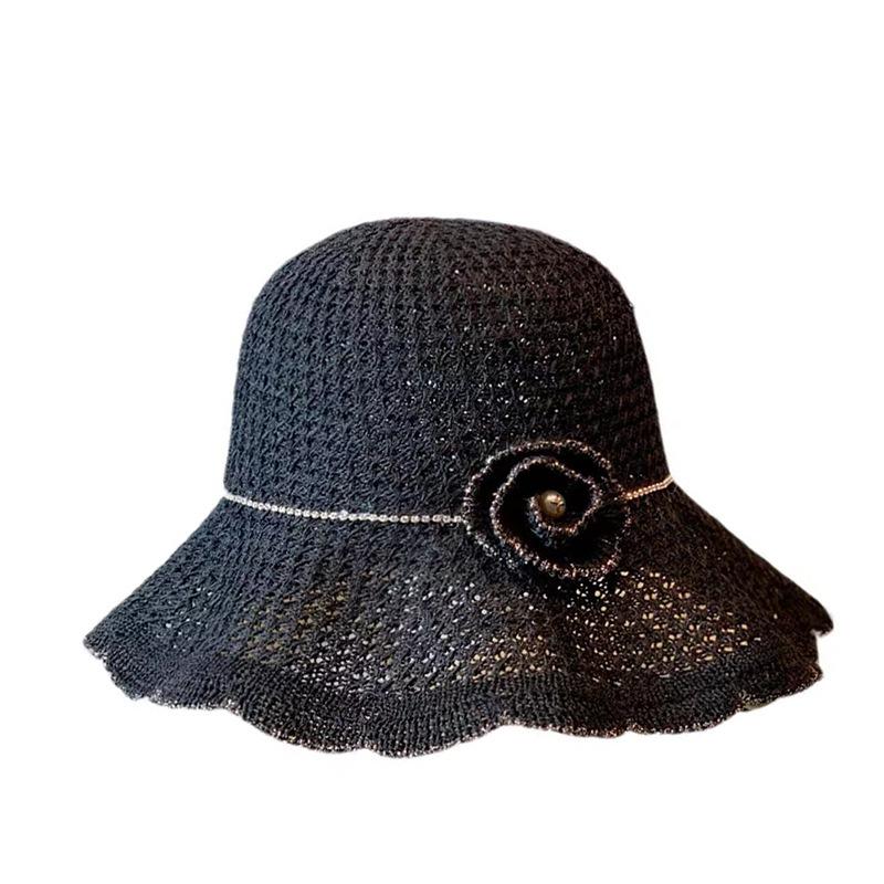 Black Hat Spring Summer Hat Korean Foldable Beach Straw Flower Leisure Sun Protuction Fisherman Bucket Hat for Women Panama Caps
