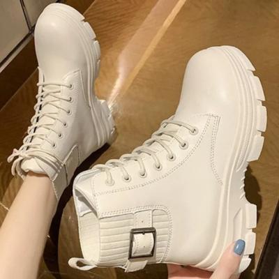 Neue weiße Stiefeletten für Damen aus PU-Leder mit dicker Sohle, Schnürstiefeletten für Damen im Herbst und Winter, Plateauschuhe, Cowboystiefel aus Gummi