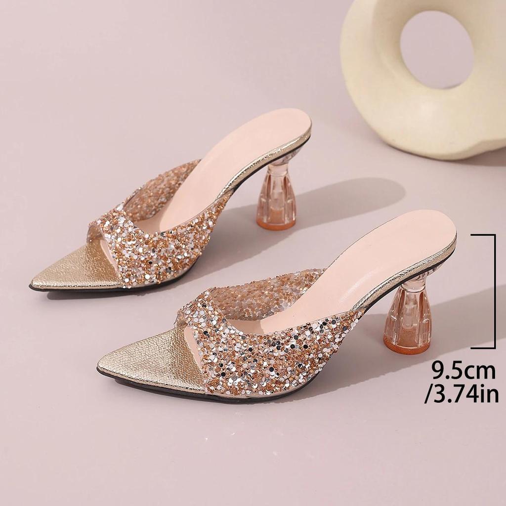 Fashion Banquet High-heeled Pointed Toe Slippers 2025 Summer Pointy Open Toe Sequin Set Foot Non-slip Transparent Heel Sandals