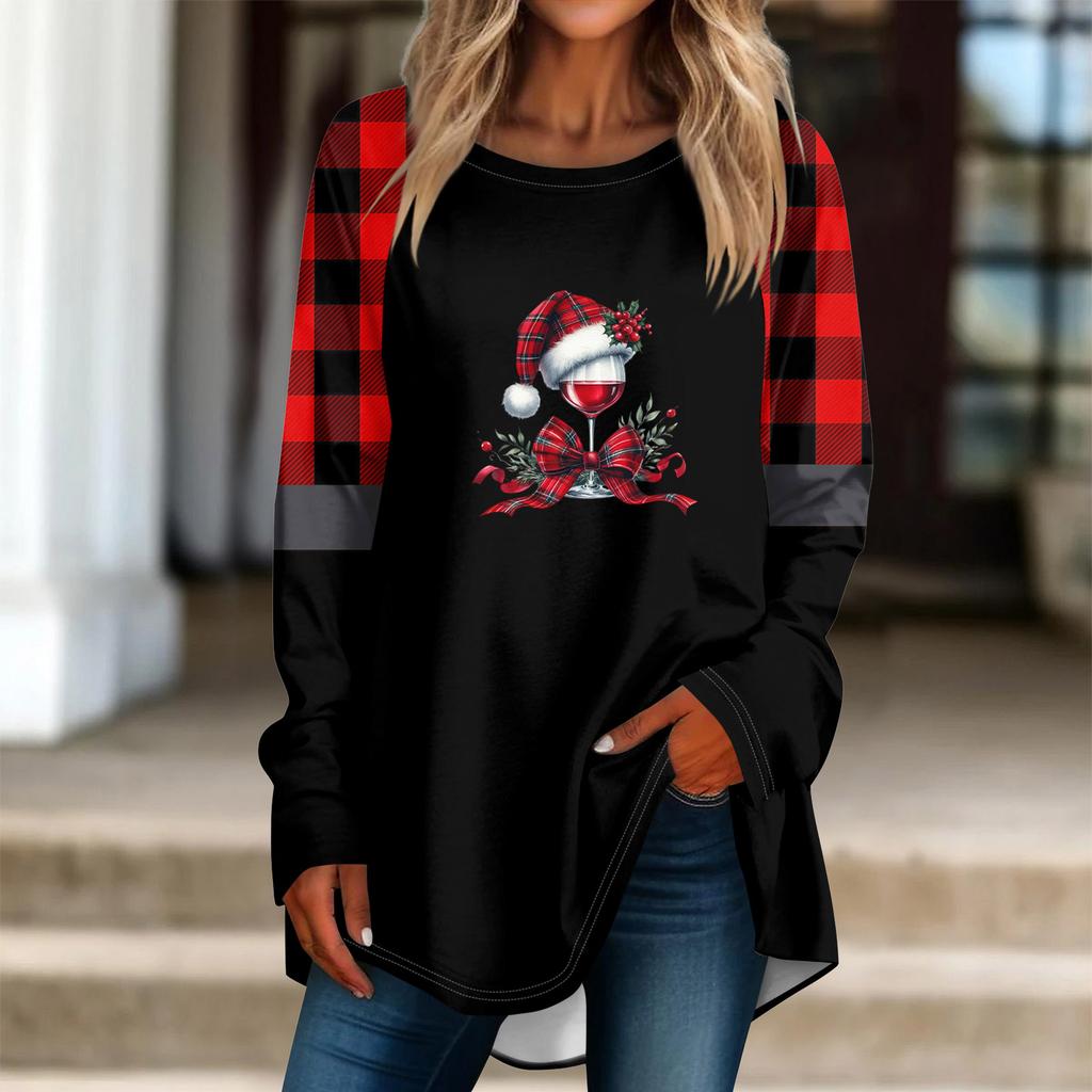 Fashionable Women's Loose Round Neck Christmas Small Print Long-sleeved T-shirt Top Pullover
