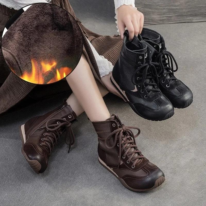 Johnature Plush Warm Retro Short Boots Genuine Leather Flat Cotton Shoes Commuter Women's Shoes