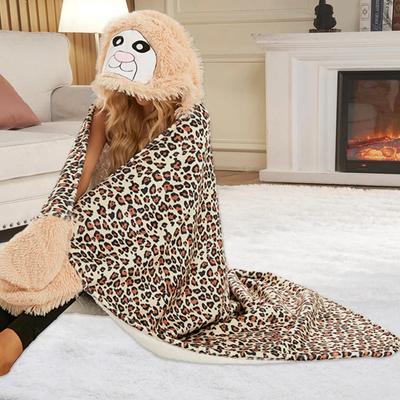 Cartoon Animal Hooded Blanket Soft Fleece Lamb Velvet with Sleeves Gloves Comfortable Winter Home TV Sofa Nap Blanket