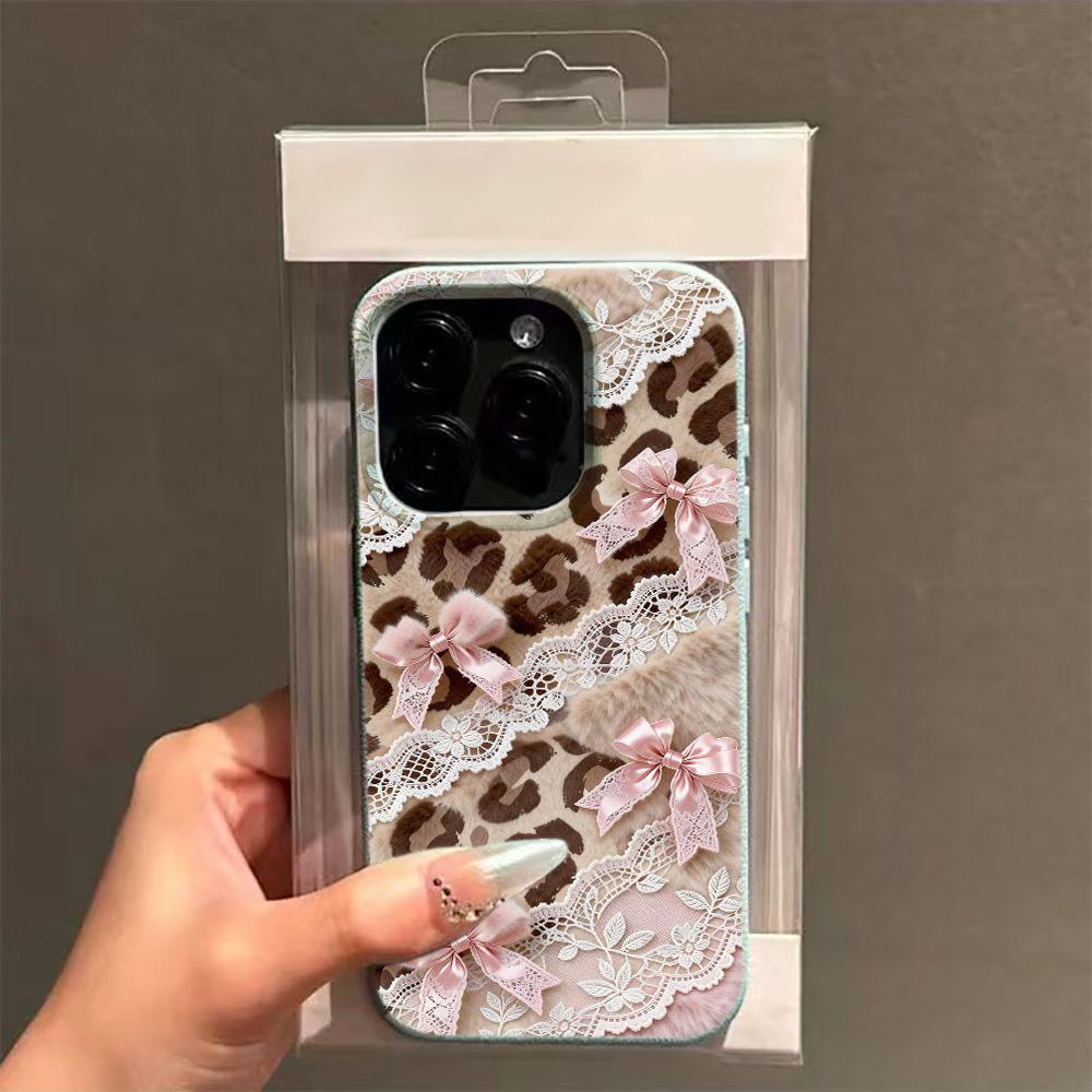 

Lychee Grain Phone Case For iPhone 17 17Air 16 15 14 13 12 11 Pro Max 16 Plus Lace leopard print bow Silicone Soft Cover Funda iPhone 12 Pro