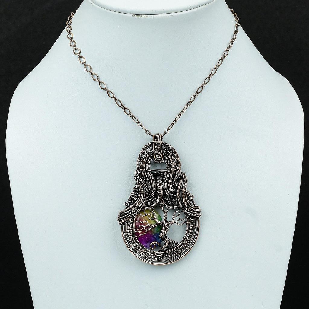Tree Of Life Rainbow Solar Quartz Druzy Pendant Copper Wire Wrapped Jewelry Real Gemstone Handmade Pendant Copper Wire Pendant Gift For Wife