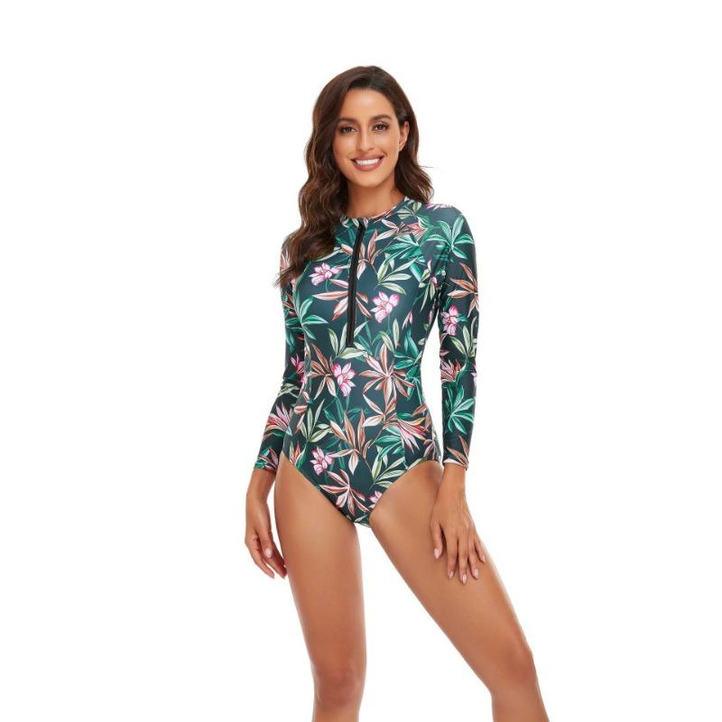 New European and American Swimsuits, Surf Suits, Solid Color Quick-drying Splicing, Sun-proof Zipper, One-piece Conservative Long-sleeved Swimsuits