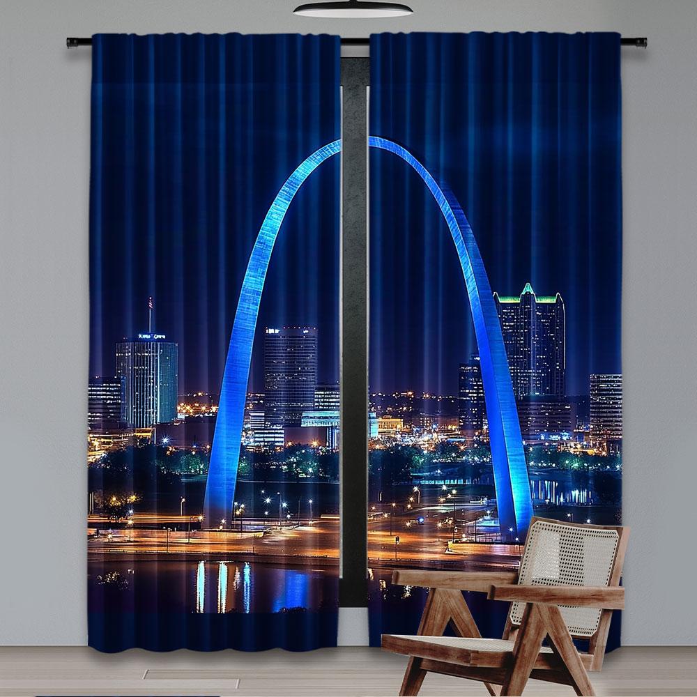 2Pcs The Arch In The City Of St Louis Night Skylines Curtain For Living Room Bedroom And Many Other Occasions