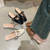 Women's Outdoor Summer Spring Square Head Slip-On Sandals with Buckle Casual Thick Heel Covered Toe Semi-Slipper