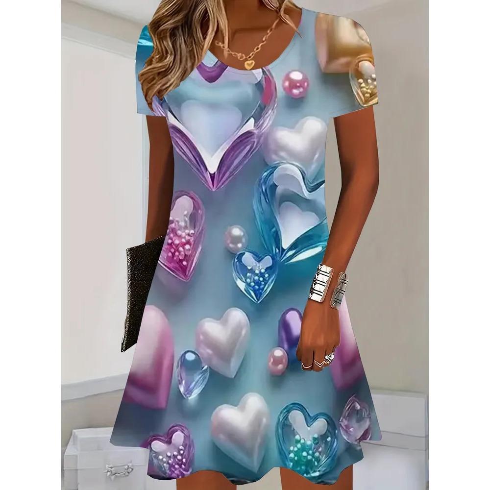 Summer Round Neck Short Sleeved Dress Colorful Heart-shaped Water Droplet Print Fashionable Comfortable Breathable Vacation Casual Women's Mini Dress