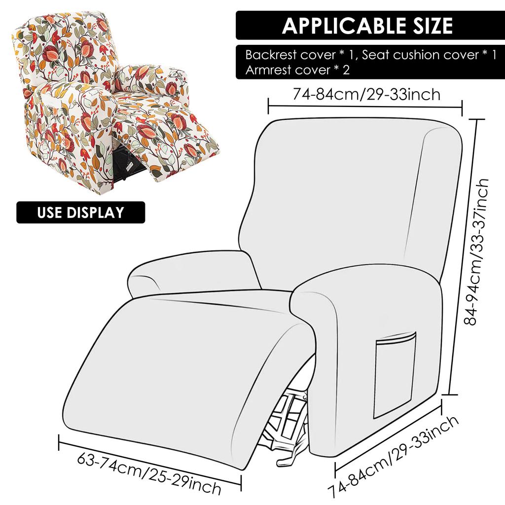 4Pcs Recliner Chair Cover Single Stretch Couch Covers with Side Pockets Non Slip Printed Sofa Protector Decorative Couch Cover