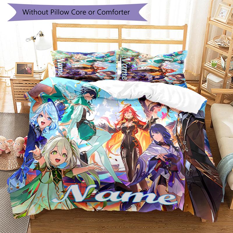 3pcs Custom Name Cartoon Genshin Impact Characters Bedding Set Duvet Cover Closure Includes 1 Duvet Cover & 2 Pillowcases for All Seasons Bedroom Deco