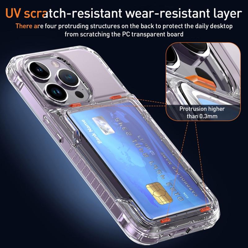 For iPhone 15 Anti-Scratch Phone Cover Clear PC+TPU Phone Case with Kickstand Card Holder