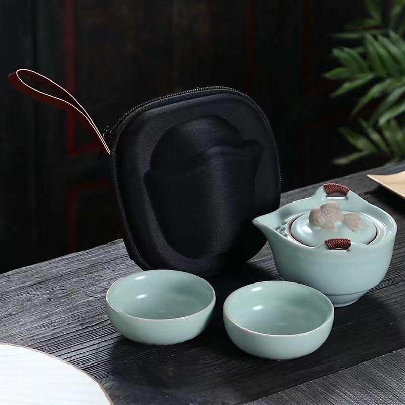 Přenosná keramická cestovní čajová sada Ge Kiln 1 čajová konvice 2 šálky Čajová souprava pro montáž do auta Gaiwan Šálky a hrnky Yixing Konvice Roztomilý hrníčkový hrnec
