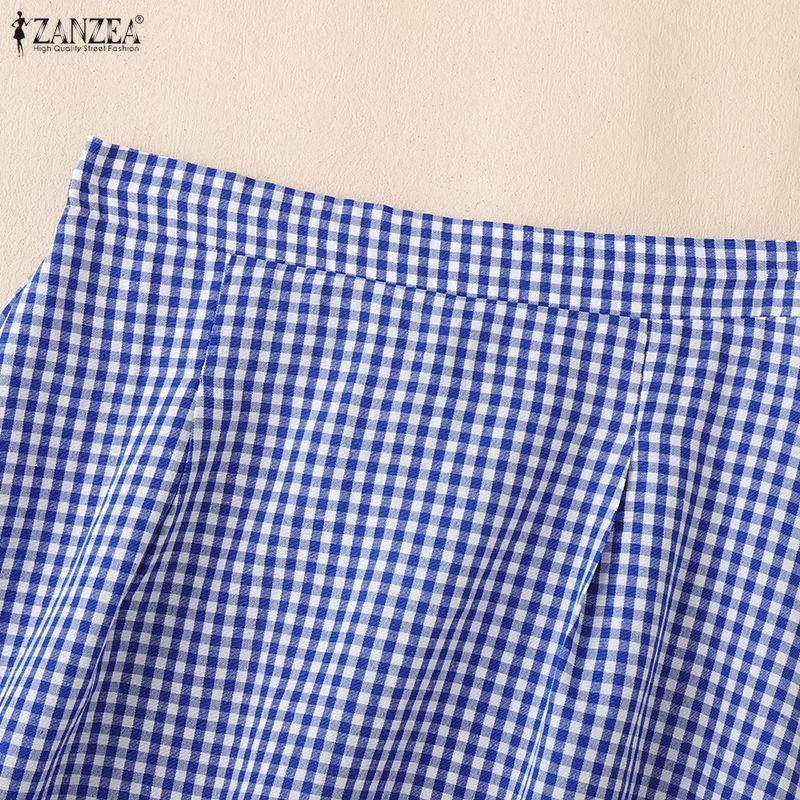ZANZEA Women Loose Casual Grid Print A-Line Skirts