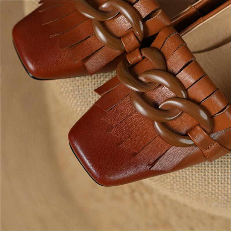 Fashion 2025 New Spring GENUINE LEATHER Women Shoes LEISURE Women Pumps Square Toe Heels Shoes Women Women Shoes Zapatos De Mujer Tassel