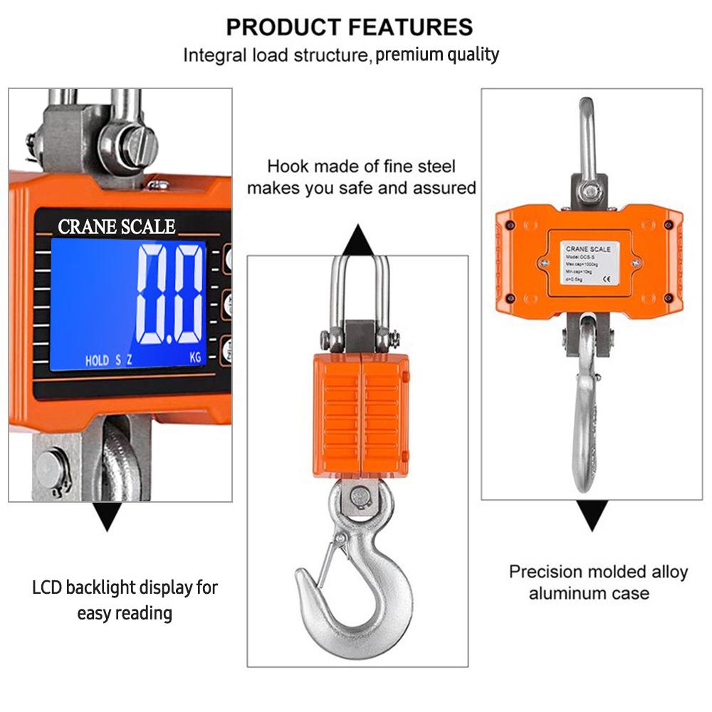 Digitale Hängewaage 1000kg/ 2204lbs Tragbar Schwerlast Kranwaage LCD Hintergrundbeleuchtung Industriewaage mit Haken Einheitenumschaltung/Datenhaltefunktion
