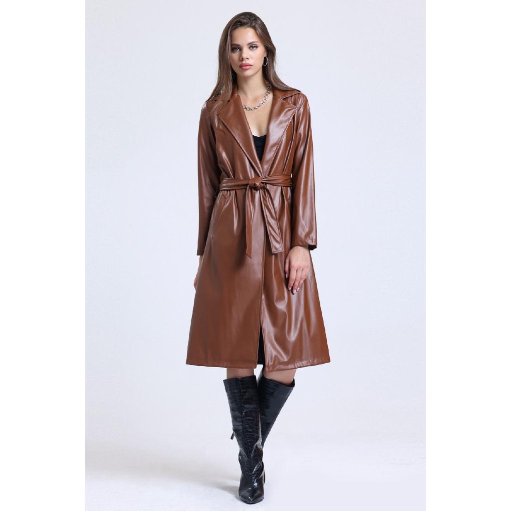 Damski skórzany trencz z podwójną podszewką i paskiem, z podwójnym kołnierzem