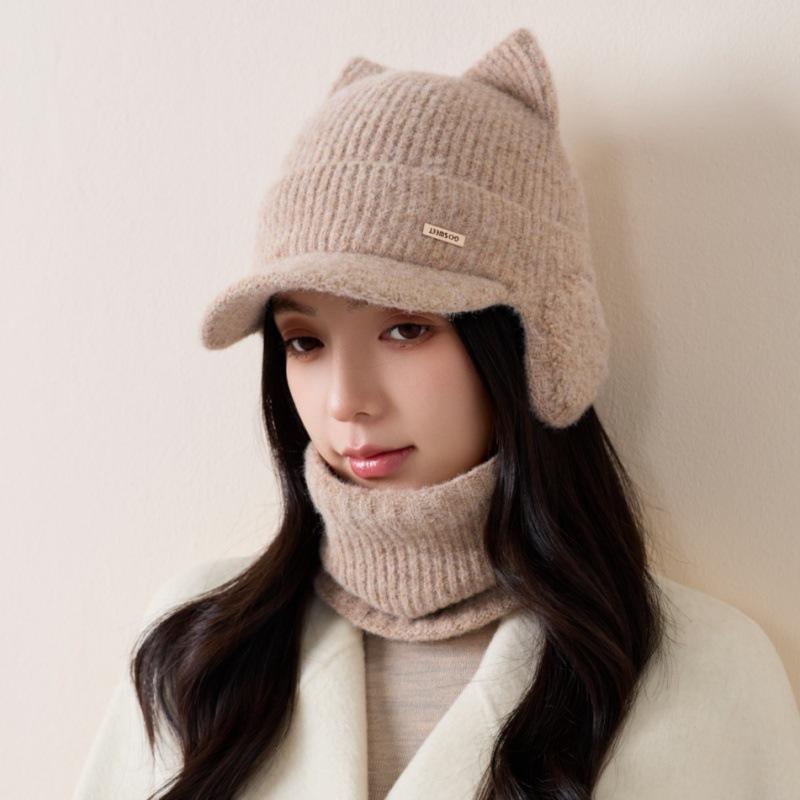 Internet celebrity cat ear knitted hat women's autumn and winter versatile velvet ear protection baseball cap cute thickened warm wool hat