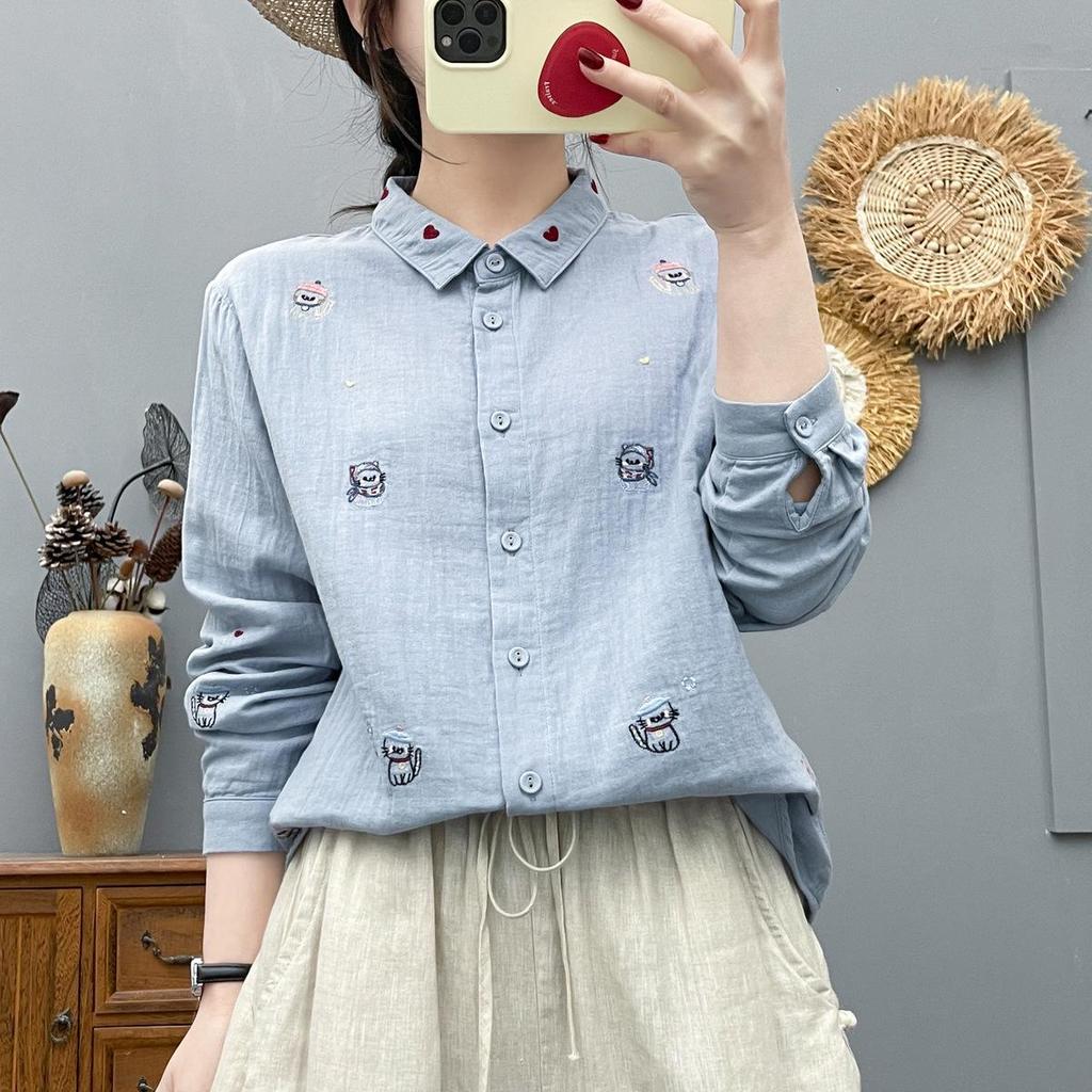 Spring 2026 Cartoon Embroidered Long-Sleeve Women's Cotton Gauze Shirt